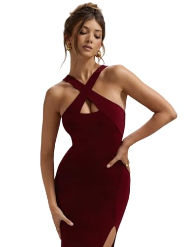 Image of Women Asymmetric Neck Burgundy Bodycon Dress (in, Alpha, L, Regular, Wine)