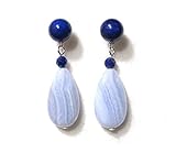 Teardrop Blue Lace Agate and Lapis Lazuli Studs Natural Gemstone Long Dangle Earrings, Handmade in T