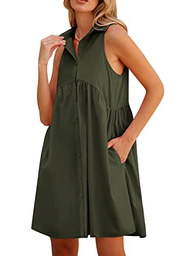 Deep Self Women Summer Collared Shirt Dress Casual Loose Button Down Short Dress V Neck Tunic Mini Dress With Pockets Dark Green #TOP21