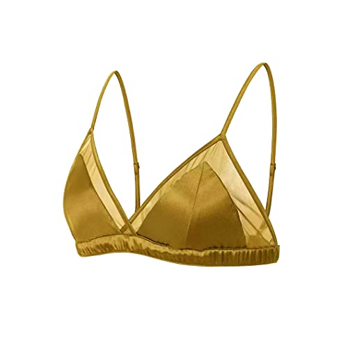 SilRiver Women's Satin Triangle Bralette Tops Silk Wirefree Bra mesh Cami Bra with Removable Pads