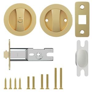 Image of goldenwarm Brushed Gold Pocket Door Lock, Zinc Alloy Gold Pocket Door Hardware(2-3 /8 inch Backset), Pocket Door Handles Round Pocket Door Locks for Bathroom for Closet Door Lock - 1 Pack