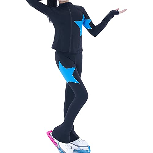 Hoyi Woman Figure Skating Pants With Jackets Waterproof Fleece With Five-Pointed Star Rhinestones Girls Ice Skating Training Wear Trousers Leggings(Size:150,Color:blue) #TOP3