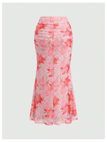 Women's Vintage Floral Ruched Fishtail Long Skirt High Waisted Bodycon Maxi Skirts2