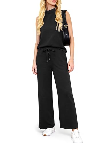 Casly Lamiit Two Piece Travel Outfits for Women Summer Sets Lounge Sets 2025 Fashion 2 Piece Matching Spring Trending Tracksuit Sleeveless Round Neck Top Wide Leg Pants Black L