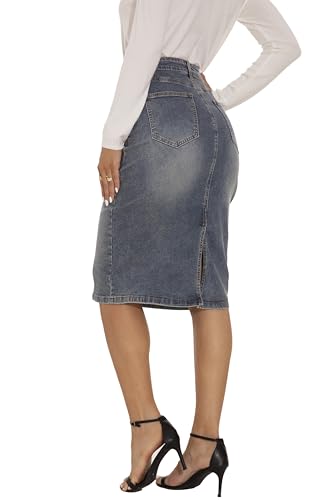GUANYY Womens Denim Skirt-High Waisted Knee Length Slim Fit Pencil Stretch Jean Skirt4