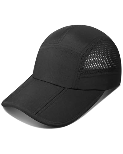 GADIEMKENSD UPF 50+ Foldable Baseball Cap with Breathable Mesh Extended Brim Running Caps for Men Women Water Repellent Summer Cricket Hats Golf Hat for Outdoors Sports Black
