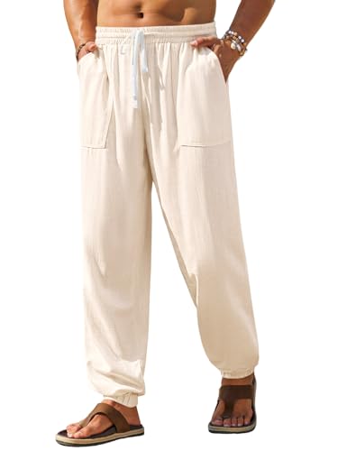 runcati mens casual pants elastic waist drawstring summer cotton jogger pants linen yoga beach trousers with pockets
