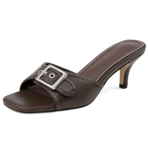 Lovee Cosee Brown Kitten Heels for Women Square Open Toe Low Heel Mule Heels for Women Slip On Buckle Strap Heeled Sandals Summer Comfortable Size 8