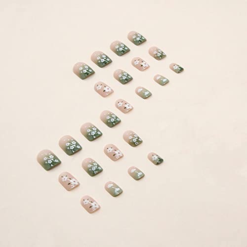 24 Pcs Press on Nails Short False Nails Green False Nails White Flower Fake Nail Glossy Fake Nails Full Cover Nails Art for Women and Girls Daily Decoration - Image 3