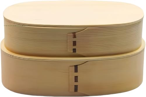 VHJAcuzig 弁当箱 オーバル型 おしゃれ 杉製 天然木の漆器 おかず仕切り付き 保湿機能 漆仕上げ 男女兼用 学生や通勤に適 手作りの温もりを感じる/手作りヒノキ曲げわっぱ弁当箱 (二重層丸形,木の色)