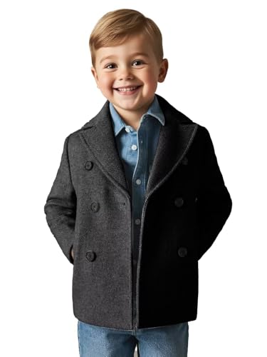 Image of ORBITRAY 2-14 Years Wool Blended Twill Double Breasted Overcoat Thighs Length for Boys Fall Coat Winter Outfit A-Black
