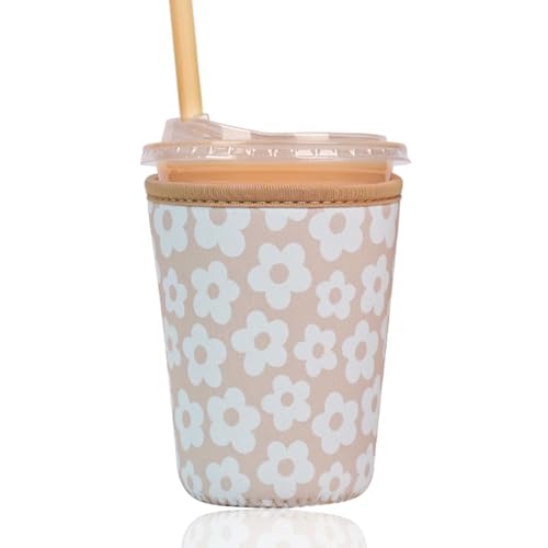 Image of Reusable Insulated Sleeve for Iced Coffee Cup, Coffee Neoprene Sleeve for Cold & Hot Drinks, Beverage Holder for Iced Coffee (Creamy Florals, Small: 16-18oz)