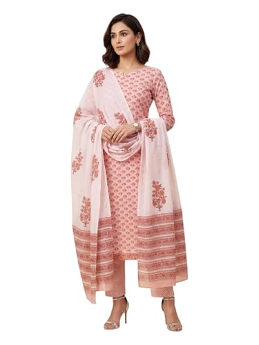Image of Eddika women unstitched hand block printed cotton suit set with mulmul dupatta ehbpcswmd0120P