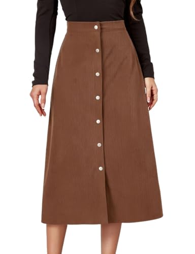 IDEALSANXUN Corduroy Skirt Women Fall Winter Elastic High Waisted Button A Line Vintage Cute Midi Skirts with Slit