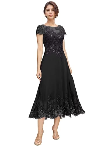 Tea Length Mother of The Bride Dresses for Wedding Beach Short Sleeves Lace Chiffon Formal Dress for Women 2025