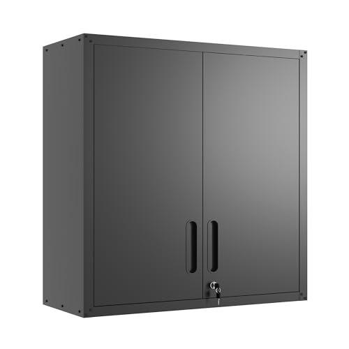 BIZOEIRON Werkzeugschrank Hängend Metall Wandschrank mit 2 Türen Hängeschrank für Garage Werkstattschrank Wand Montage Erforderlich Schwarz & Grau