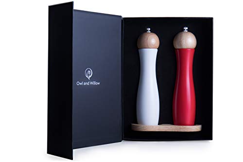 Owl and Willow Wooden Salt and Pepper Grinder Set Unique Red & White