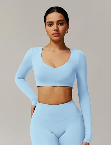 Image of ABOCIW Women Square Neck Long Sleeve Workout Crop Top Low Medium Impact Athletic Yoga Gym Shirts with Built in Bra(ONLY TOP)