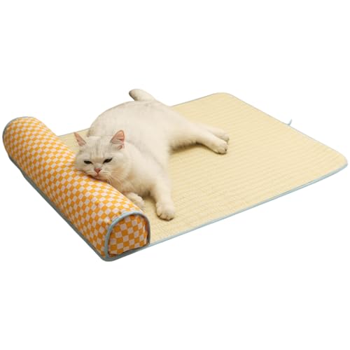 JUNENTER 猫用クールマット ラタン ペット用クールパッドベッド 枕付き 夏用マットレス 通気性クッション 猫用スリーピングベッド 子犬 子猫用 猫用クールマット (XL)(XL)