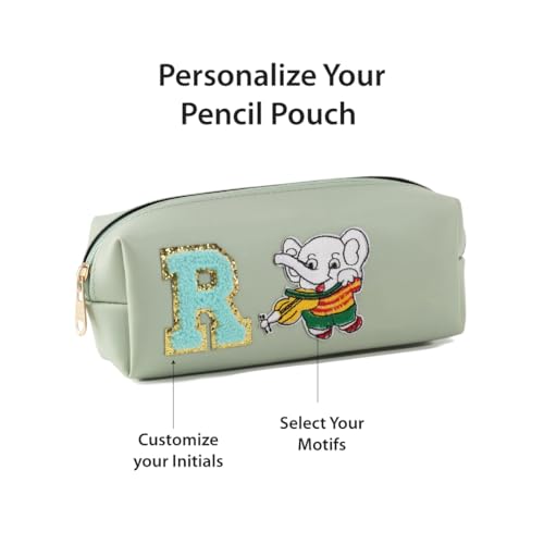 Image of AICA Gifts Personalized Leather Pencil Pouch (Mintgreen) with Embroidered Alphabet & Patch | Pencil Pouch for Kids | Birthday Gift | Birthday Return Gift |Gift for Kids Age 6-10