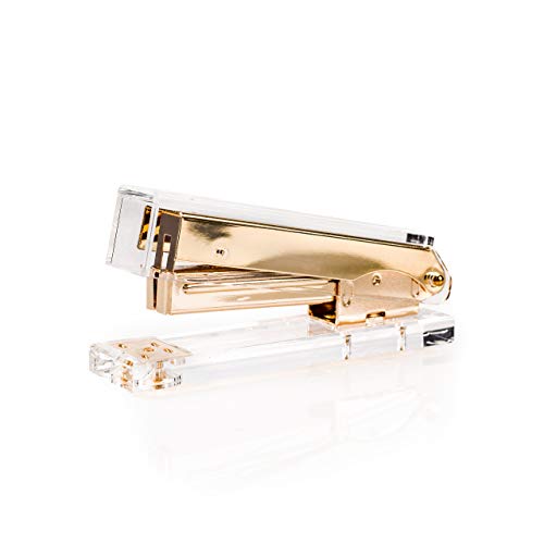SIRMEDAL Elegant Ultra Clear Acrylic Gold Desk Accessories Acrylic Stapler Modern Fashion Shape, Office and Home Stapler, Design for Office Accessories (Light Gold)