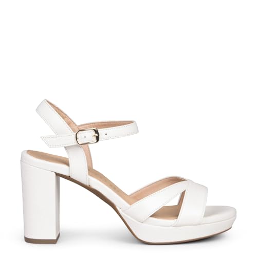 Sandalias de Novia Blanco Nácar en piel cómodas tacón y plataforma, EU 37