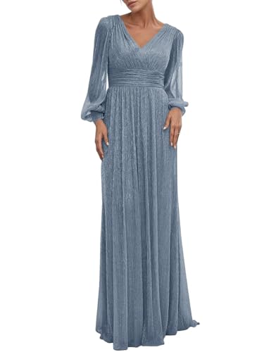 Fivsole Long Mother of The Bride Dresses for Women A-Line Chiffon Sparkly Long Sleeves Formal Evening Gowns