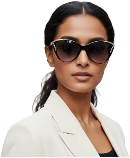 RYNOCHI Trendy Oversized Cat Eye Sunglasses for Women &amp; Girls | UV Protected Non-Polarized Lens | Black &amp; Gold Stylish Fra...