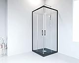Mampara de ducha angular 2 hojas correderas + 2 fijos - Transparente - Cristal templado 6 mm Antical - Perfilería Negra Mate - Reversible - Ancho adaptable 87-90 x 87-90 - Alto 198 cm - COLISEO