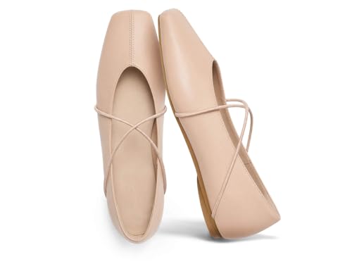 Image of Coutgo Womens Square Toe Ballet Flats Comfortable Slip On Mary Jane Flats Crisscross Strap Work Casual Shoes