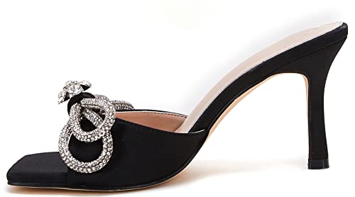 Vetaste Women's Heeled Sandals Square Open Toe Double Bow Satin Mules Heels Wedding Party Slip On Stilettos #TOP2