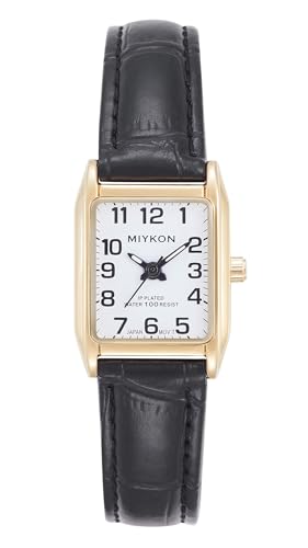 Miykon Gold Vintage Watches for Women - Small Dainty Tank Square Womens Watch with Black Genuine Leather Strap - Second Hand Japanese Quartz Waterproof to 100ft