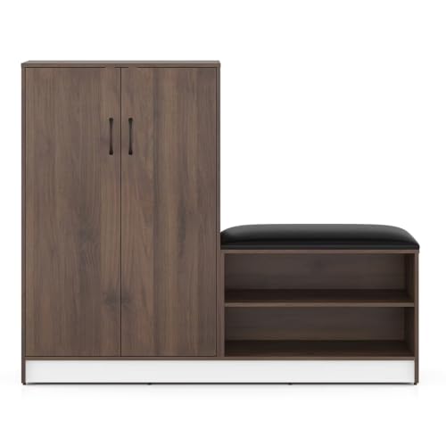 Image of Urban Ladder Alex 21 Pair Shoe Cabinet with Seating | Closed Shoe Rack with Doors | Classic Walnut Finish