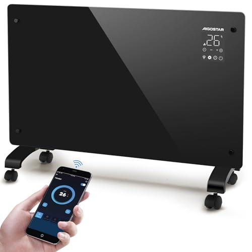 Aigostar Helen Smart - Radiador Electrico Bajo Consumo Silencioso, Convector Eléctrico Panel de Vidrio Ultra Fino. Conexión Wi-Fi, Temporizador de 24 h, 3 modos, Pantalla LED Táctil. Programable.