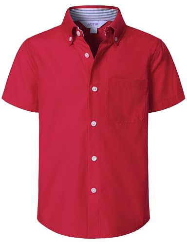 AOTIK Boys Oxford Button Down Shirt Short Sleeve Formal Uniform Dress Shirts with Pocket 12 Bright Red