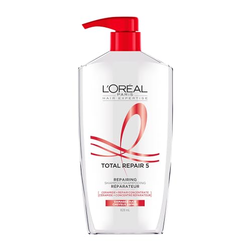 L’Oréal Paris Hair Expertise Total Repair 5 Shampoo for Dry and Damaged Hair, With Keratin XS Technology to Repair Split Ends and Restore Strength Bond, 828ml (Packaging May Vary)