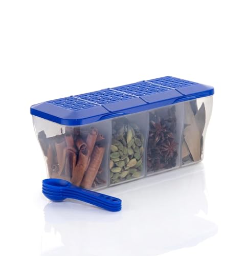 Image of TASTIC Multipurpose Plastic 4 in 1 Masala Box for Kitchen | Spice Boxes for Kitchen | Transparent 4 Compartment Storage Containers Airtight | Dabba with 4 Spoons | (BLUE, STANDARD)