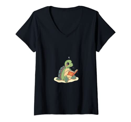 Mujer Turtle Sea Turtles Lector de libros de lectura Kawaii Camiseta Cuello V