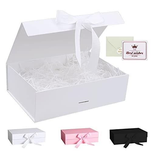 Gift Box Luxury Magnetic Gift Box with Lid Ribbon Greeting Card Shredded Paper Gift Packaging Box for Present Birthday Wedding Anniversary Festival (23×17×7cm White)