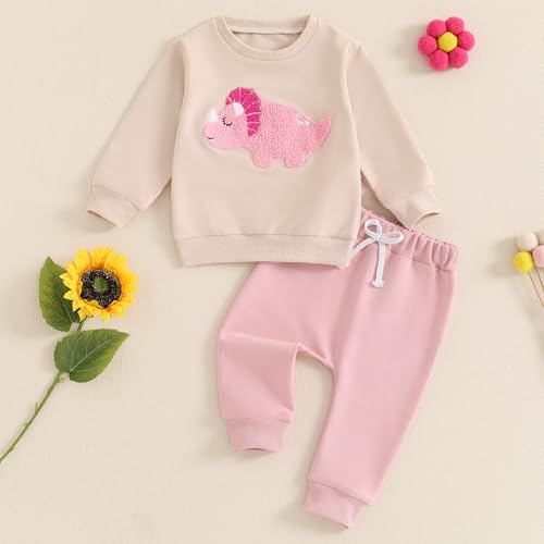 Toddler Baby Girl Clothes Fall Outfit Long Sleeve Fuzzy Dinosaur Embroidery Sweatshirt Top Pants Set2