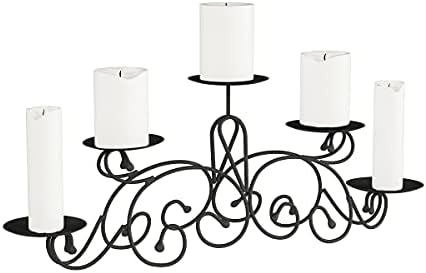 Lavish Home (Matte Black 5 Candelabra with Classic Scroll Design-Handcrafted Iron Candle Holder/Centerpiece for Home Décor, Wedding, Event, 24.2” x 4.8” x 8.7