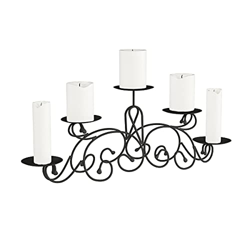 Lavish Home (Matte Black 5 Candelabra with Classic Scroll Design-Handcrafted Iron Candle Holder/Centerpiece for Home Décor, Wedding, Event, 24.2” x 4.8” x 8.7