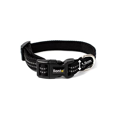 lionto Hundehalsband aus strapazierfähigem Nylon, Größe XS, weiches gepolstertes Halsband für Hunde, 360° reflektierend & Klickverschluss, Metallring & Anpassung durch stufenlosen Schieber, schwarz