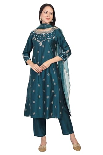 Ensemble kurta en soie droite brodé Zari avec pantalon et dupatta assorti