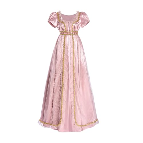 CR ROLECOS Regency Dress Women Regency Costume Champagne Gold Empire Waist Double Layers Tea Party Victorian Gown Pink XXL