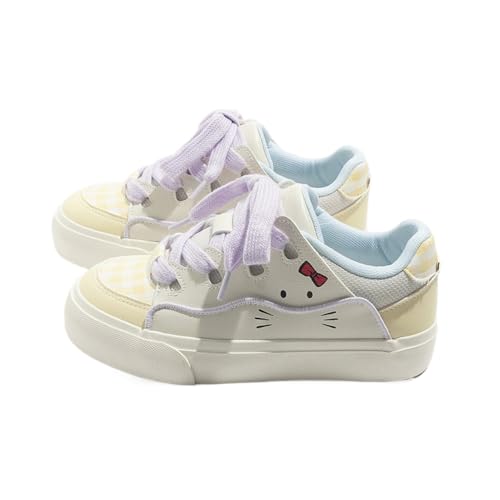 Sweet Kawaii Cat Print Sneakers with Comic Line Art & Korean Aesthetic - Ins Trendy Chunky Sole Round-Toe Platform Shoes, Ventilated Thick Sole for Girls, White/Purple/Beige Macaron Color Block