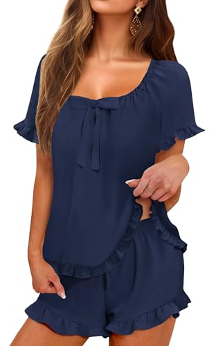 Image of KFUBUO Womens Pajamas Set 2 Piece Ruffle Pj Soft Short Sleeve Tops and Shorts Sleepwear Set Cute Pajama Sets for Women
