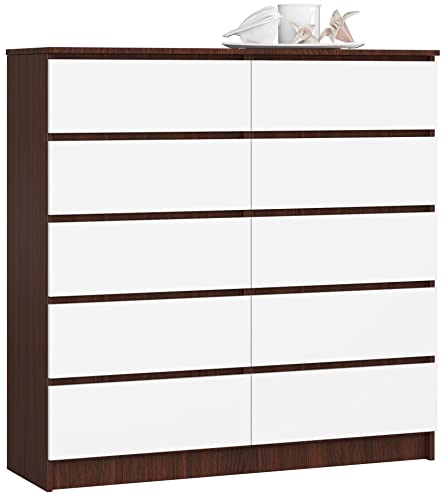 AKORD Kommode K-120 mit 10 (2 x 5) Schubladen | für das Wohnzimmer Schlafzimmer Schrank Büro Arbeitszimmer | Modernes Funktionales Design | B120 x H121 x T40 cm, Gewicht 70 kg | Wenge/Weiß