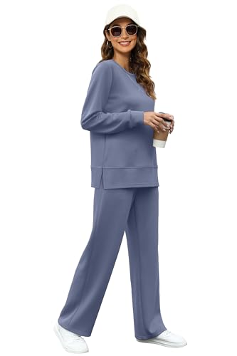OFEEFAN Women 2 Piece Travel Outfits Fall Lounge Sets Long Sleeve Sweatsuits Airport Tracksuits Winter Wide Leg Loungewear Resort Wear Track Suit Women\'s Vacation Clothes Clothing Blue XL - Thumbnail 2