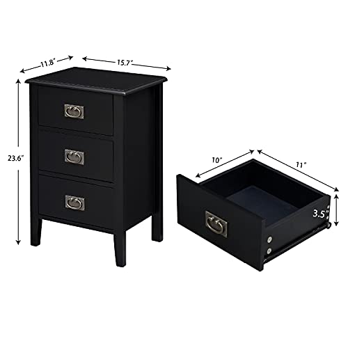 Vecelo Nightstands Set Of 2 End/Side Tables Living Room Bedroom Bedside, Vintage Accent Furniture Small Space, Solid Wood Legs, Three Drawers, Black #TOP2